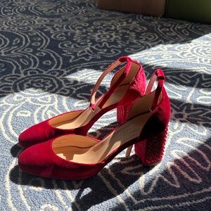 J. Crew Red Velvet Heels with Studded Block Heel